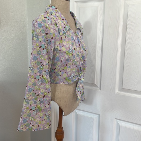 Y2K crop top tie waist floral button down shirt long bell sleeve blouse womens S - Picture 6 of 12